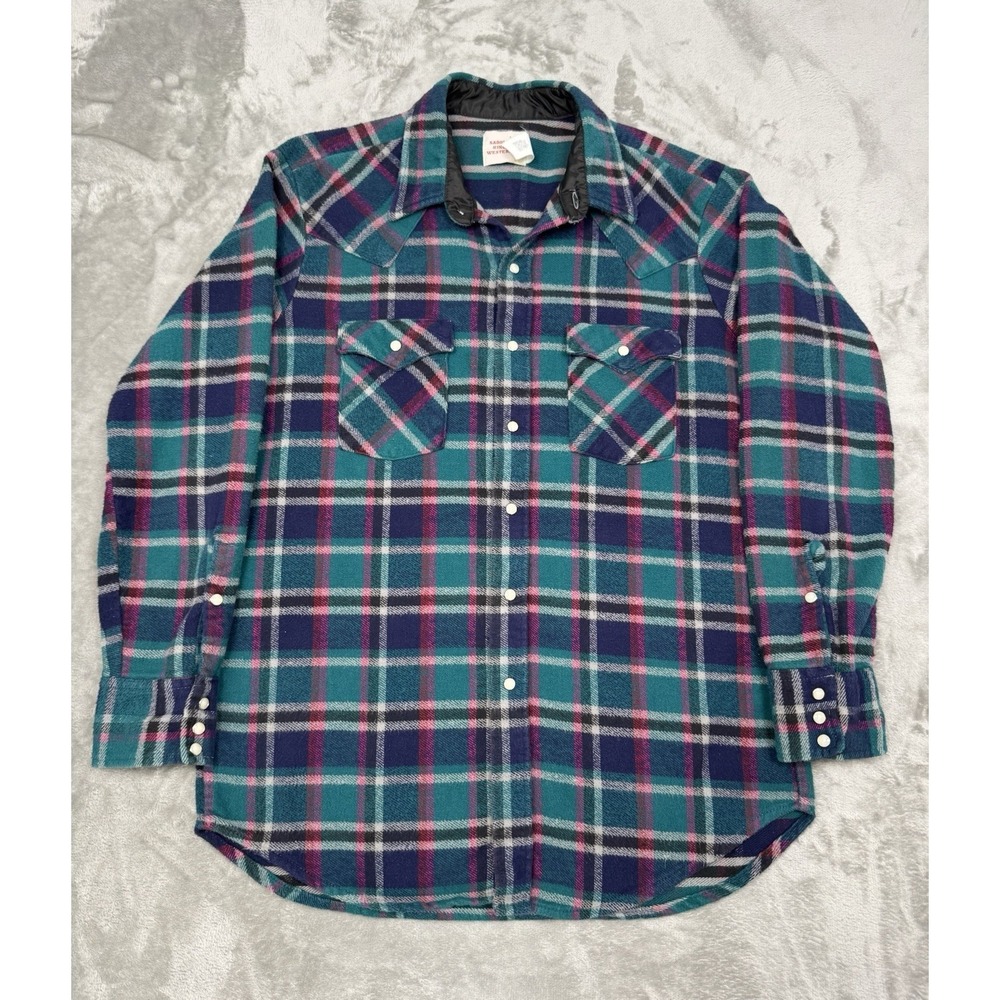 Vintage Saddle King Pearl Snap Western Shirt Mens XL 100% Cotton Teal Blue Heavy